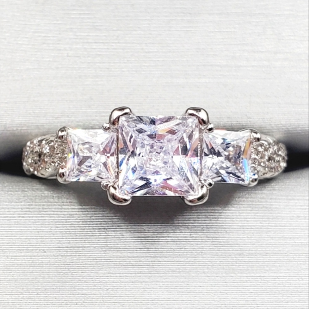 Past Present Future Princess Cut Diamond Simulant Three Stone Silver Tone Ring